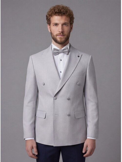 Light Grey Peak Lapel Double-Breasted Blazer & Navy Blue Trousers Combination Suit