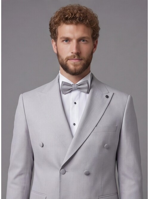 Light Grey Peak Lapel Double-Breasted Blazer & Navy Blue Trousers Combination Suit