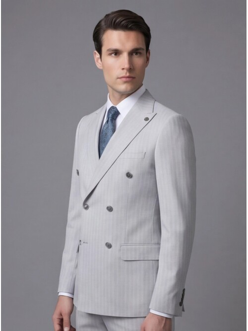 Light Grey Peak Lapel Double-Breasted Suit