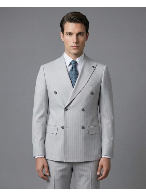 Light Grey Peak Lapel Double-Breasted Suit