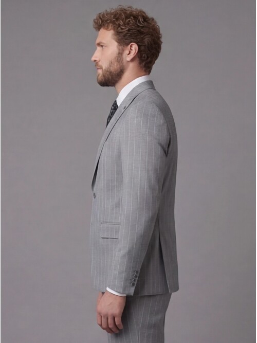 Açık Gri Sivri Yaka Slim Fit Çizgili Takım Elbise