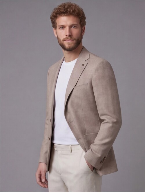 Açık Kahverengi Ceket Bej Pantolon Kombinli Slim Fit Takım Elbise