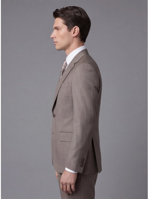 Açık Kahverengi Çizgili Yünlü Mono Yaka Regular Fit Takım Elbise