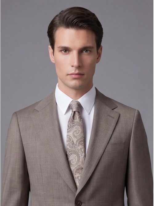 Açık Kahverengi Çizgili Yünlü Mono Yaka Regular Fit Takım Elbise