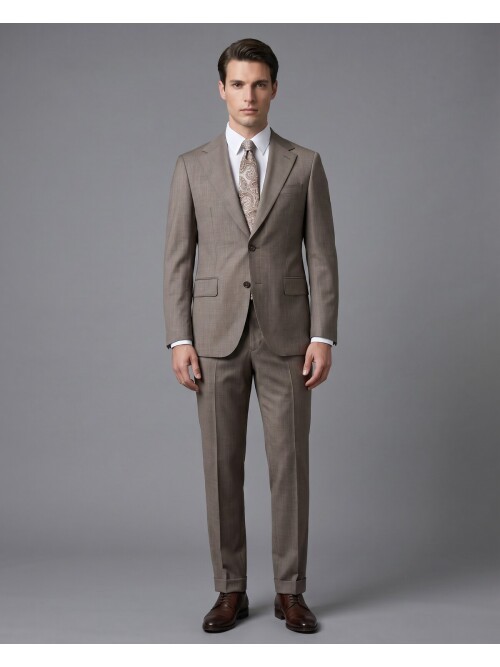 Açık Kahverengi Çizgili Yünlü Mono Yaka Regular Fit Takım Elbise