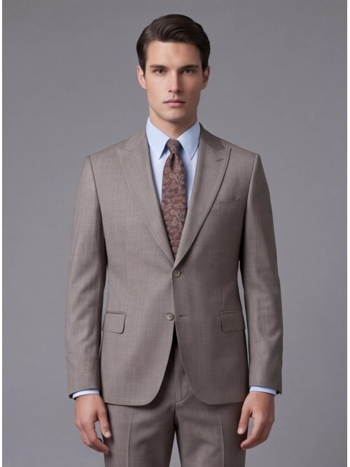 Açık Kahverengi Çizgili Yünlü Sivri Yaka Regular Fit Takım Elbise