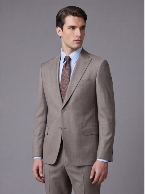 Açık Kahverengi Çizgili Yünlü Sivri Yaka Regular Fit Takım Elbise