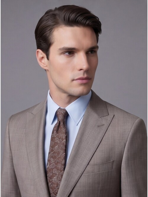 Açık Kahverengi Çizgili Yünlü Sivri Yaka Regular Fit Takım Elbise