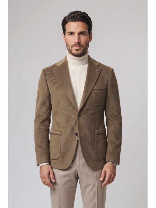 Light Brown Velvet Notch Lapel Slim Fit Jacket