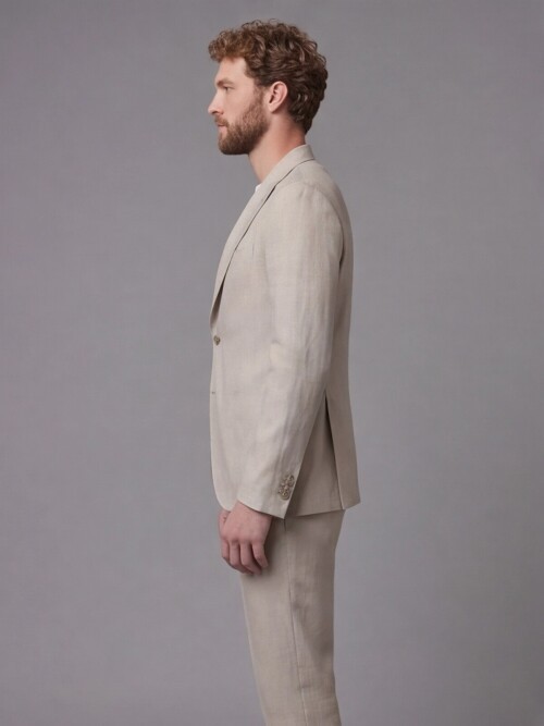 Açık Kahverengi Keten Sivri Yaka Comfort Fit Torba Cep 2 Düğme Takım Elbise