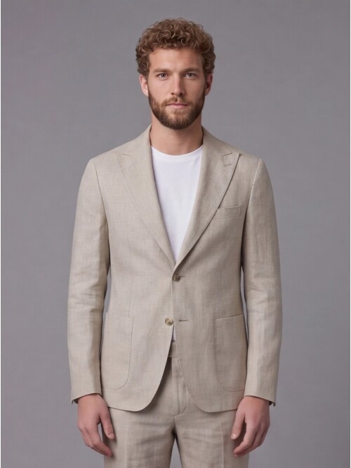 Açık Kahverengi Keten Sivri Yaka Comfort Fit Torba Cep 2 Düğme Takım Elbise