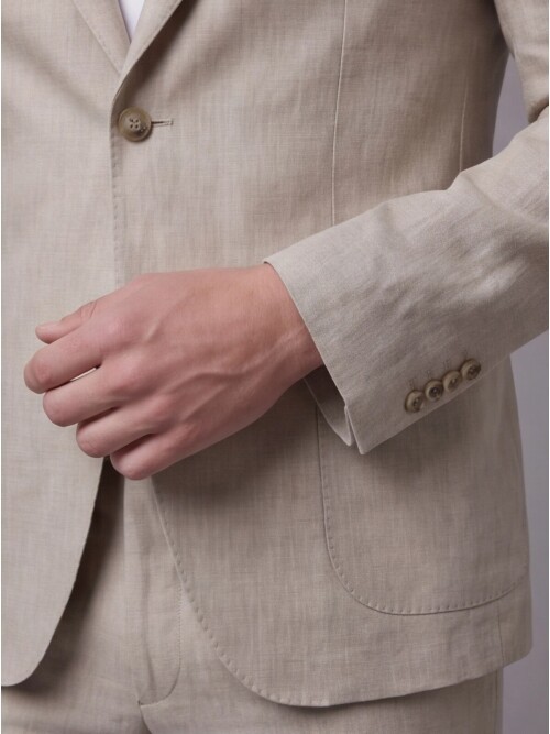 Açık Kahverengi Keten Sivri Yaka Comfort Fit Torba Cep 2 Düğme Takım Elbise