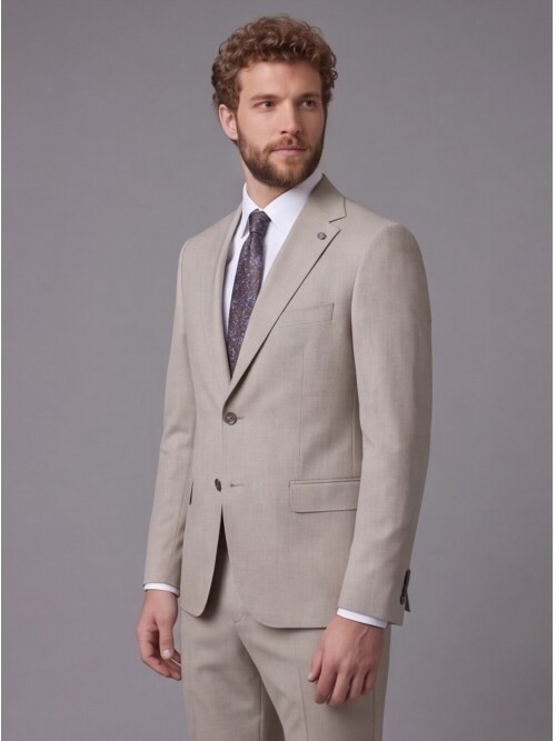 Açık Kahverengi Mono Yaka Comfort Fit 2 Düğmeli Takım Elbise