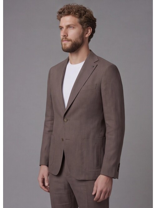 Açık Kahverengi Mono Yaka Slim Fit Torba Cep 2 Düğme Takım Elbise