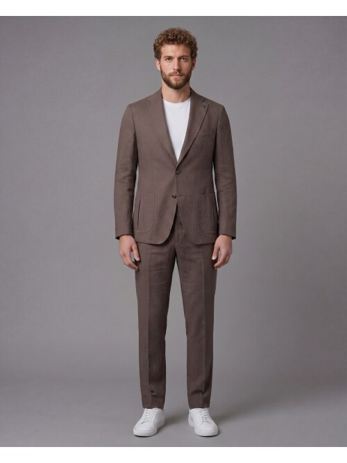 Açık Kahverengi Mono Yaka Slim Fit Torba Cep 2 Düğme Takım Elbise