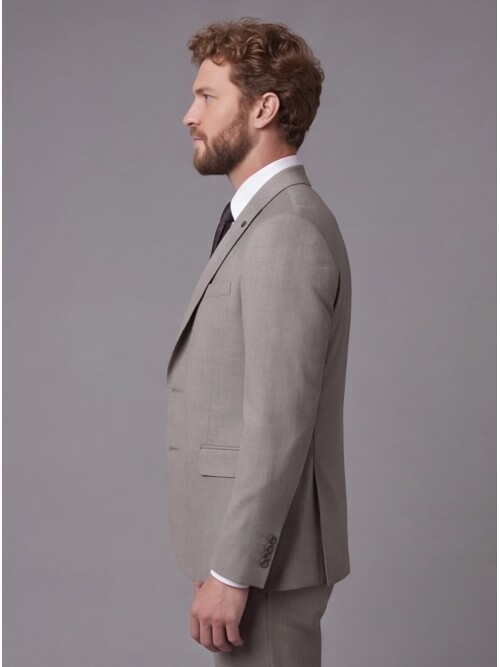 Açık Kahverengi Sivri Yaka Çift Düğmeli Slim Fit Yelekli Takım Elbise