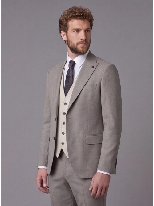 Açık Kahverengi Sivri Yaka Çift Düğmeli Slim Fit Yelekli Takım Elbise