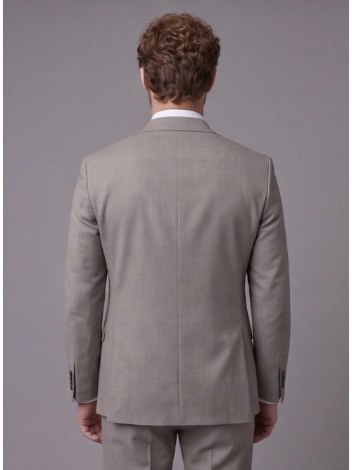 Açık Kahverengi Sivri Yaka Çift Düğmeli Slim Fit Yelekli Takım Elbise