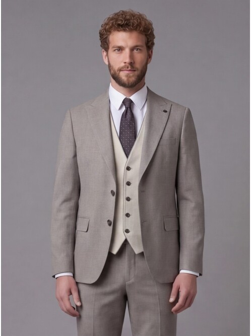 Açık Kahverengi Sivri Yaka Çift Düğmeli Slim Fit Yelekli Takım Elbise