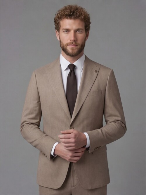 Light Brown Peak Lapel Comfort Fit Fully Lined Suit