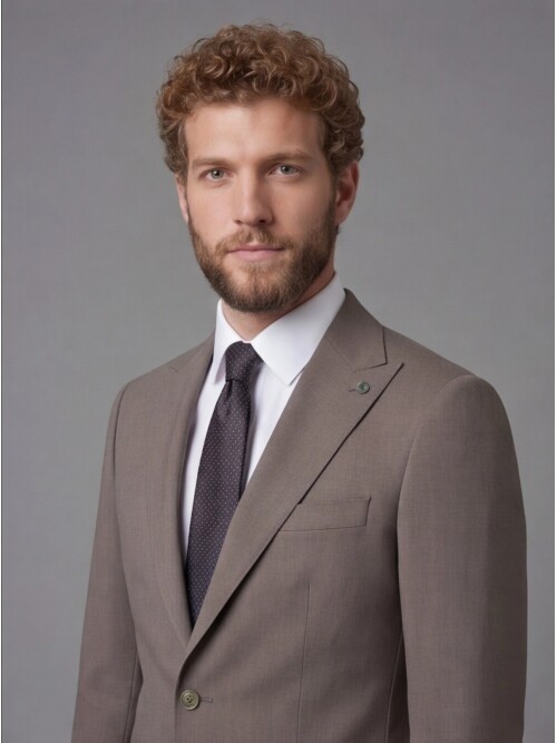 Açık Kahverengi Sivri Yaka Slim Fit 2 Düğme Torba Cep Takım Elbise