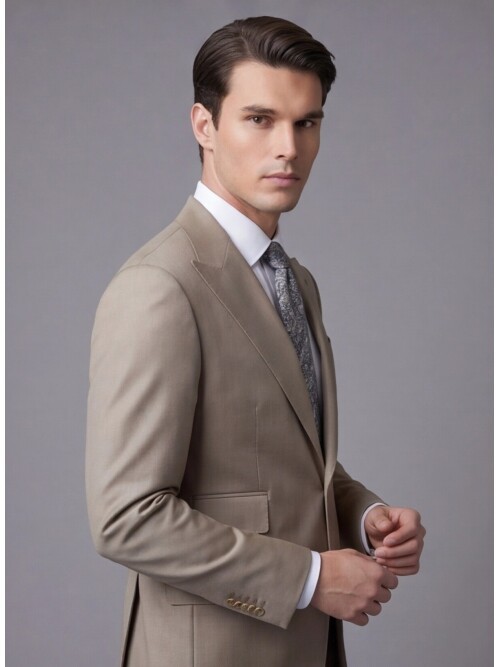 Açık Kahverengi Yünlü Sivri Yaka Comfort Fit Takım Elbise