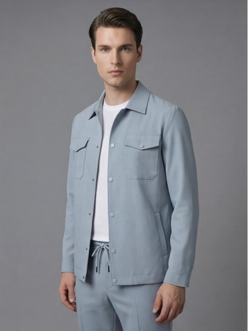 Light Blue Comfort Fit Shirt Collar Safari Pocket Sporty Suit