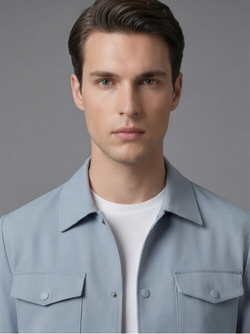 Light Blue Comfort Fit Shirt Collar Safari Pocket Sporty Suit