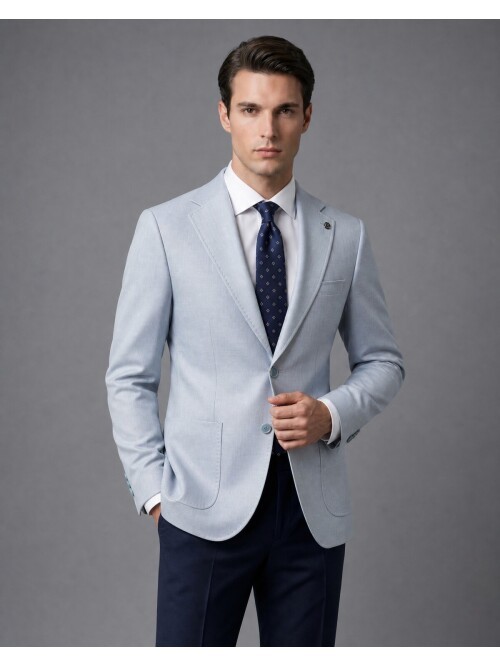 Açık Mavi Mono Yaka Slim Fit Torba Cep Ceket