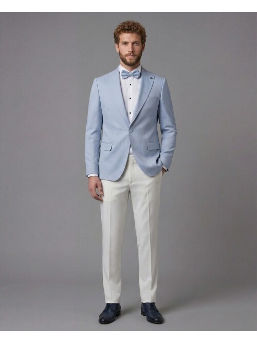 Light Blue Peak Lapel Comfort Fit Single Button Tuxedo Jacket & White Trousers Suit Combination
