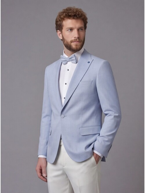 Light Blue Peak Lapel Comfort Fit Single Button Tuxedo Jacket & White Trousers Suit Combination