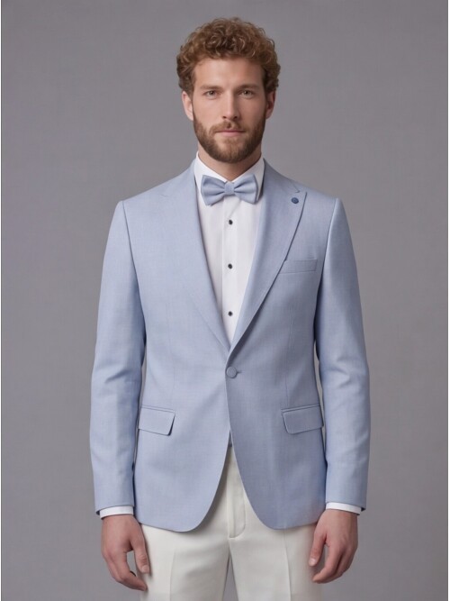 Light Blue Peak Lapel Comfort Fit Single Button Tuxedo Jacket & White Trousers Suit Combination