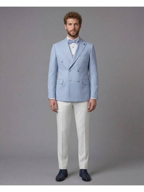 Light Blue Peak Lapel Double-Breasted Blazer & White Trousers Combination Suit