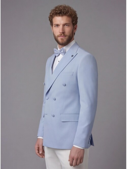 Light Blue Peak Lapel Double-Breasted Blazer & White Trousers Combination Suit