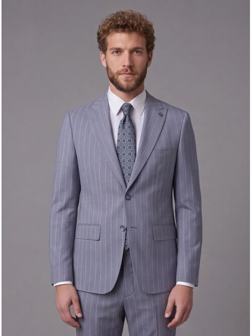 Açık Mavi Sivri Yaka Slim Fit Çizgili Takım Elbise