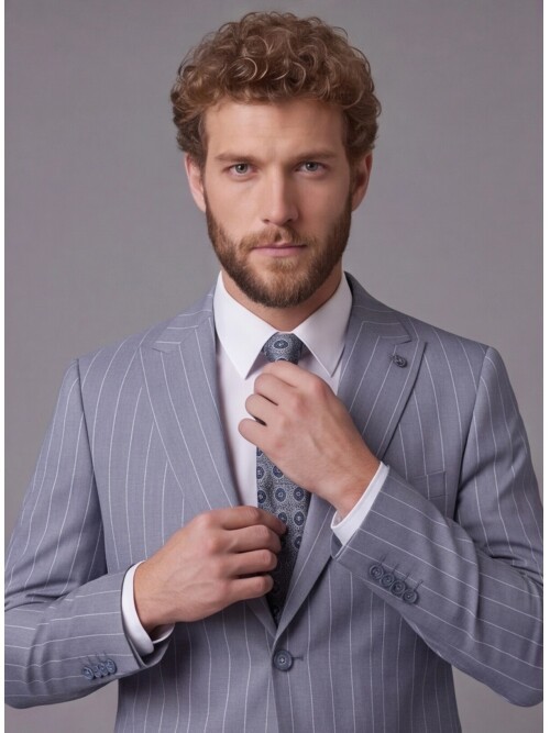 Açık Mavi Sivri Yaka Slim Fit Çizgili Takım Elbise