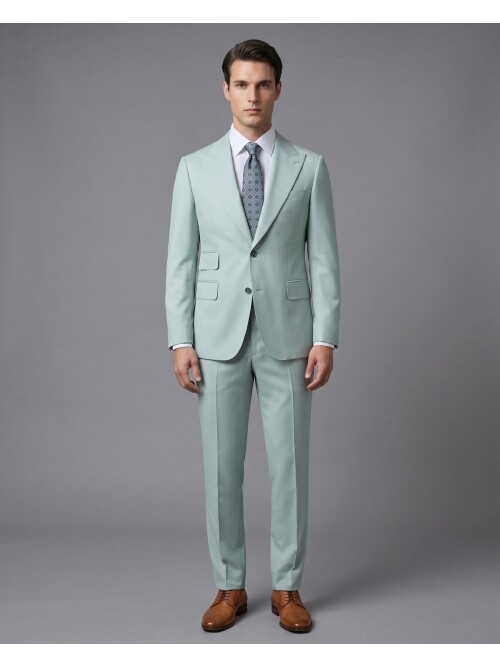 Açık Mavi Yünlü Sivri Yaka Comfort Fit Takım Elbise