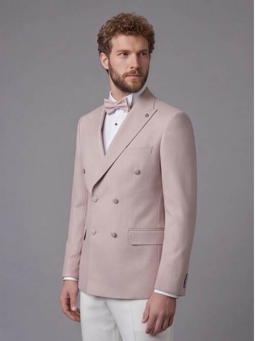 Light Pink Peak Lapel Double-Breasted Blazer & White Trousers Combination Suit