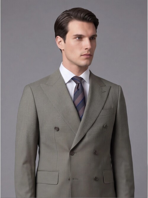 Açık Yeşil Yünlü Sivri Yaka Kruvaze Comfort Fit Takım Elbise