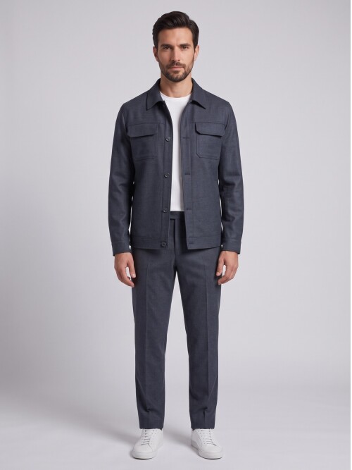 Navy Blue Men’s Casual Jacket & Trousers Set with Pocket Details