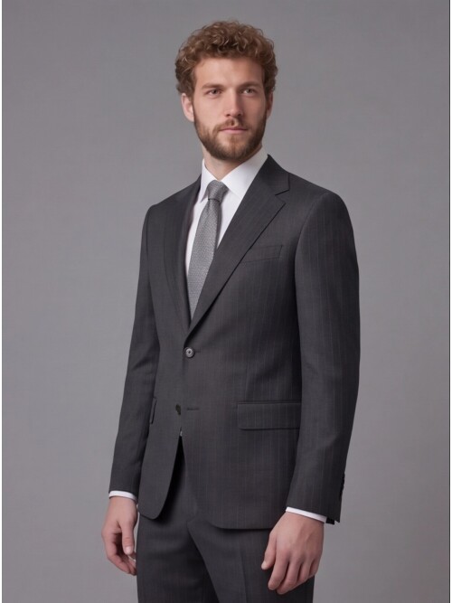 Antrasit Çizgili Yünlü Mono Yaka Comfort Fit Takım Elbise