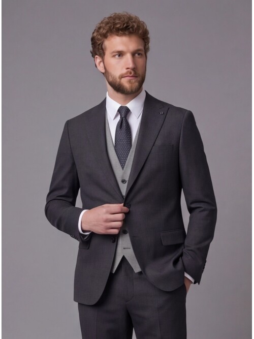 Antrasit Sivri Yaka Çift Düğmeli Slim Fit Yelekli Takım Elbise