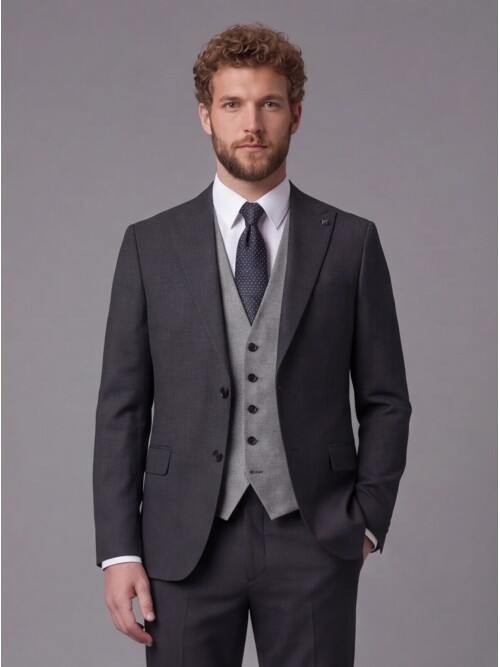 Antrasit Sivri Yaka Çift Düğmeli Slim Fit Yelekli Takım Elbise