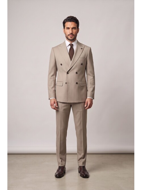 Beige Pinstripe Peak Lapel Double Breasted Suit