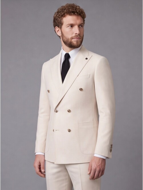 Beige Comfort Fit Double-Breasted Suit