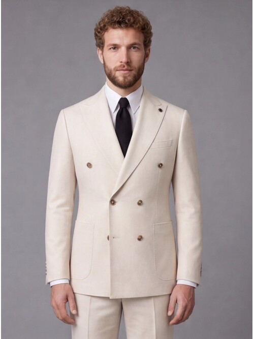Beige Comfort Fit Double-Breasted Suit