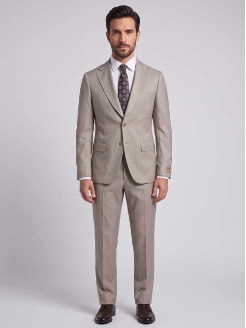 Bej Comfort Fit Mono Yaka Takım Elbise