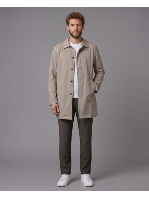 Bej Gömlek Yaka Beş Düğmeli Comfort Fit Tam Astarlı Yağmurluk