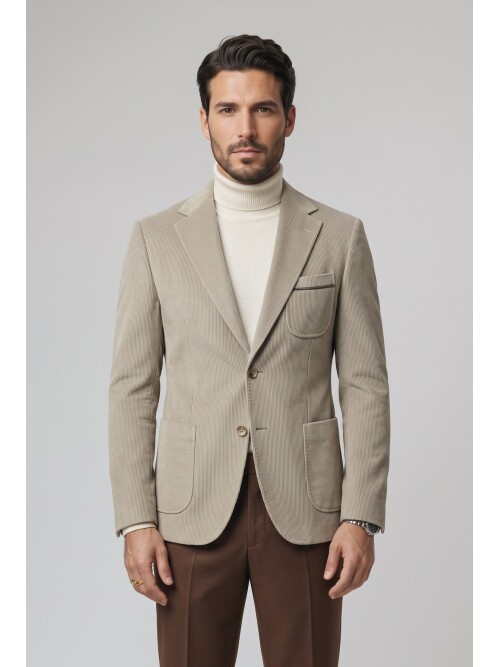 Beige Velvet Notch Lapel Slim Fit Jacket
