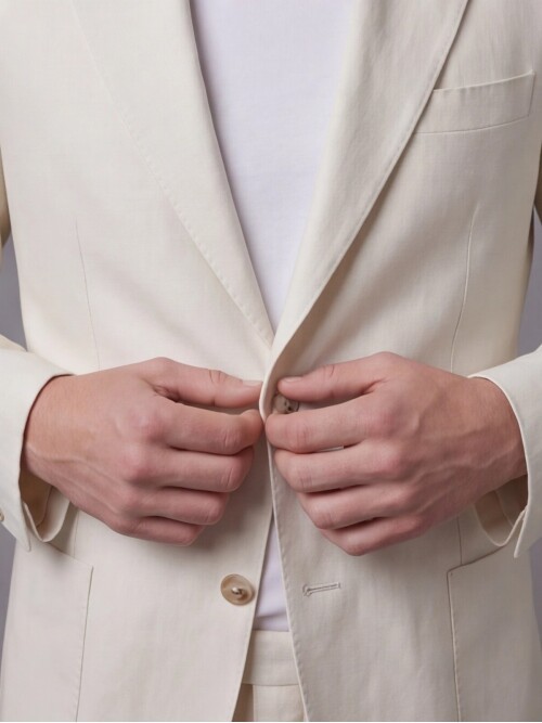 Bej Keten Sivri Yaka Comfort Fit Torba Cep 2 Düğme Takım Elbise